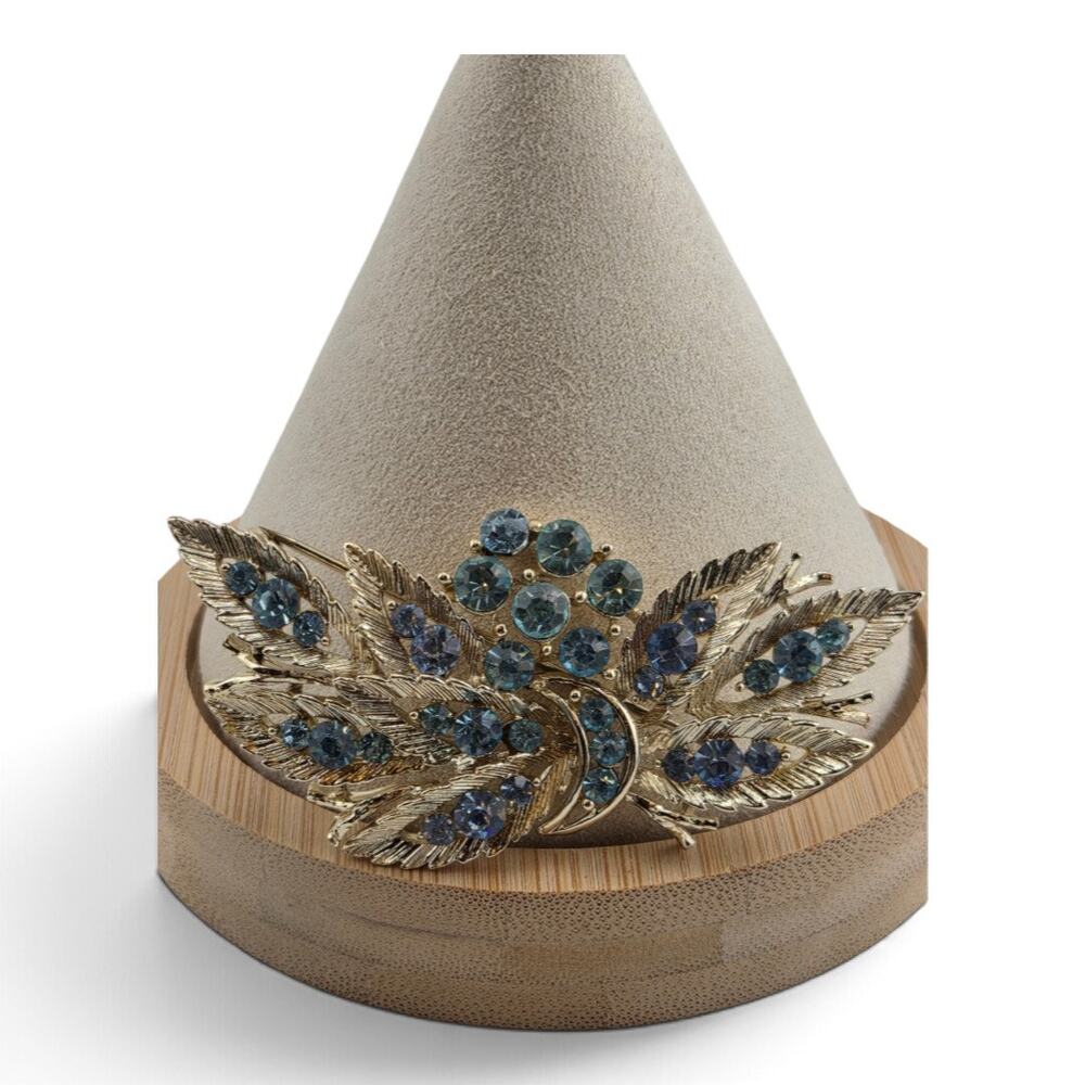 Vintage Lisner Blue Rhinestone Leaf Spray Brooch Gold Tone Signed